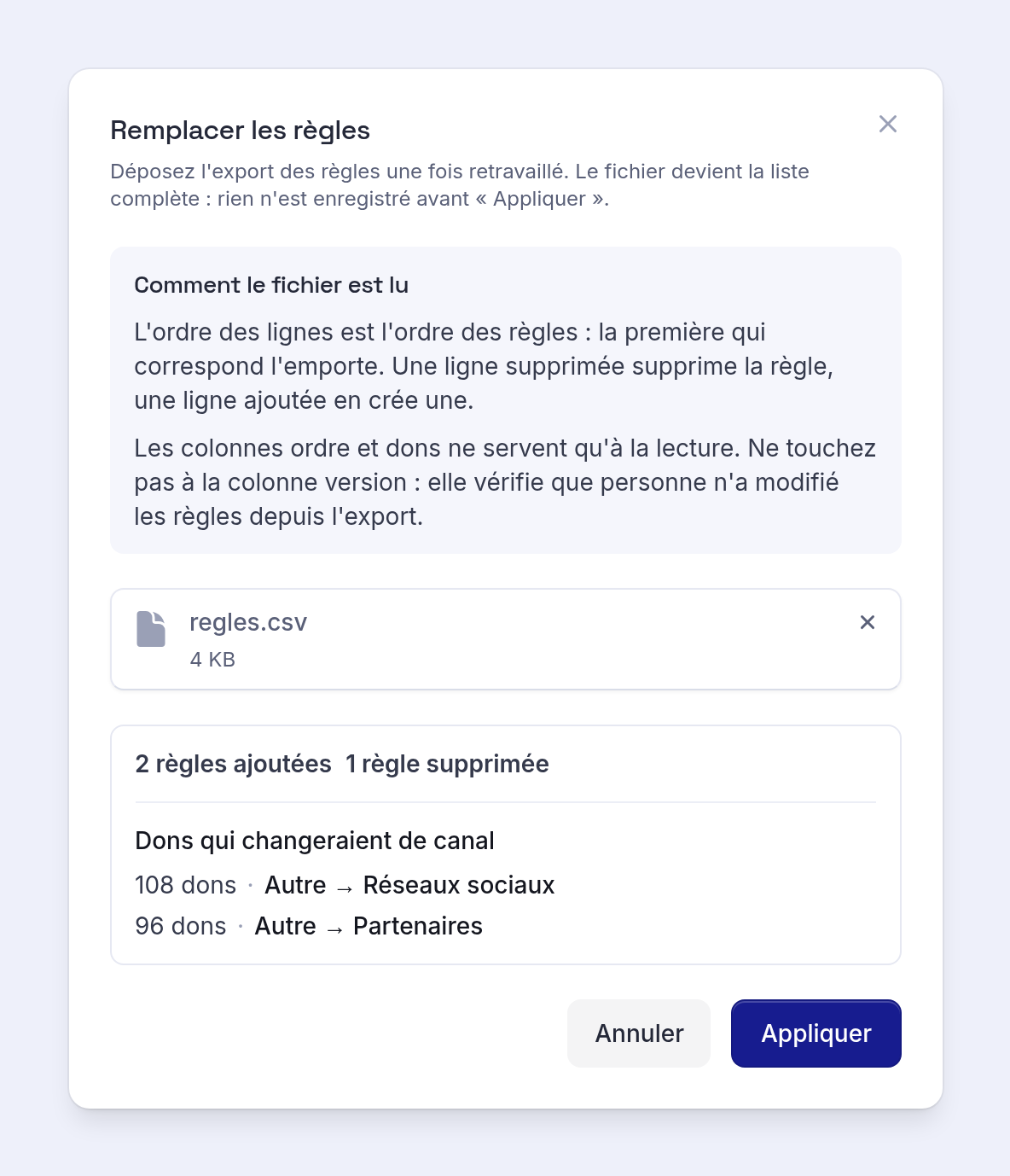 L'aperçu avant de remplacer les règles par le fichier retravaillé